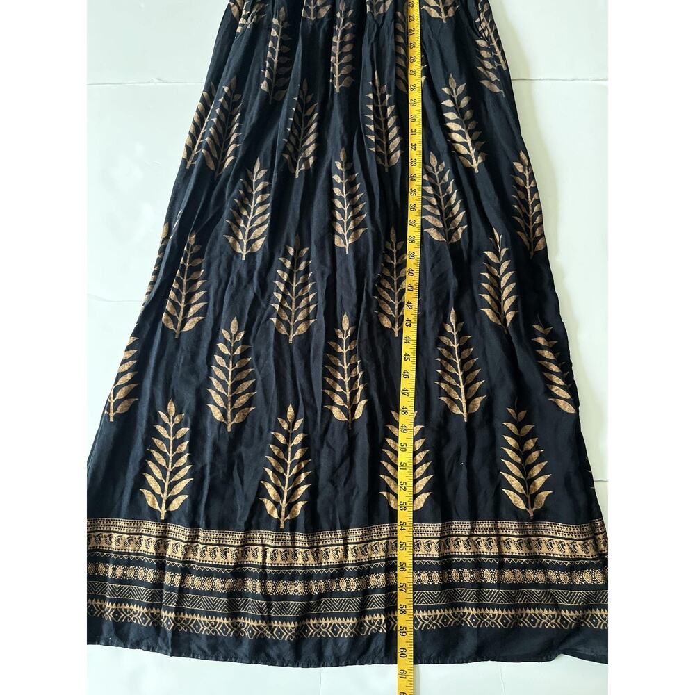 Lapogee Dress Womens M Black Gold Leaf Print Maxi Lined Boho India V Neck Resort - Picture 7 of 10